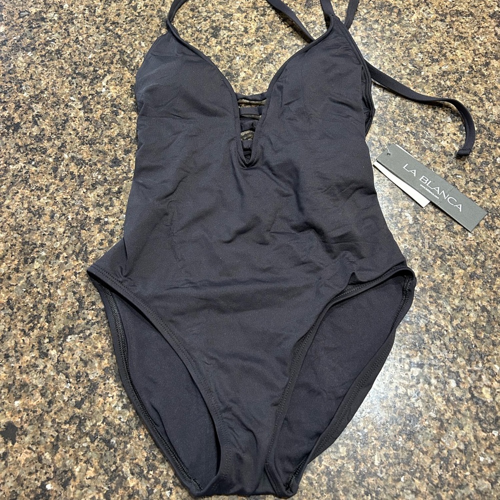 La Blanca  Island Goddess Keyhole Halter Black One Piece Swimsuit size 4